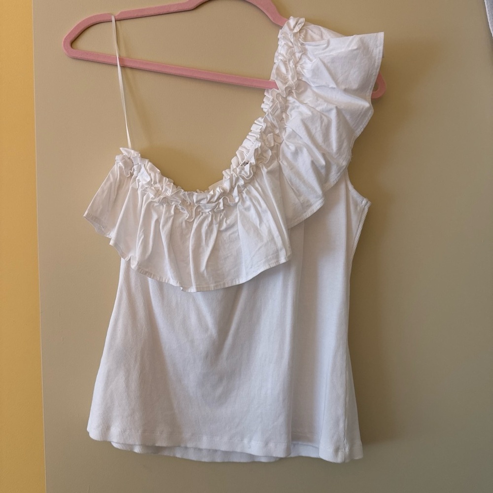 One-Shoulder White Ruffle Blouse